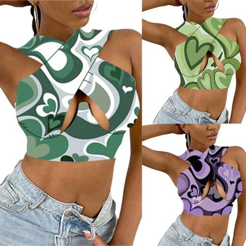 Summer Sexy Women Close-fitting Hollow Out Vest Heart Printed Pattern Sleeveless Crop Tops Green Purple Dark Green