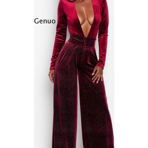 Women Velvet Jumpsuit Autumn Winter Sexy Deep V-Neck Glitter Long Sleeve Rompers Evening Loose Wide Leg Jumpsuit Female Overalls