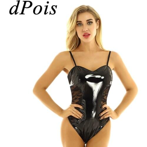 Women One-piece Thong Leotard Bodysuit Ladies Wetlook Leather Lingerie Adjustable Straps Zippered Crotch Nightwear Latex Romper