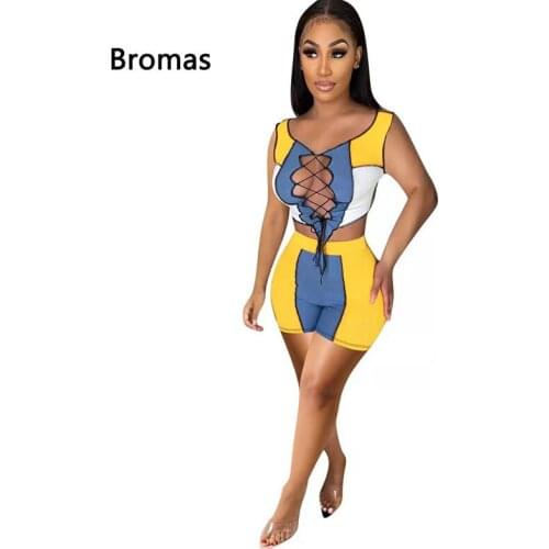 CAMELUU.K 2021 Summer Ladies Casual Lace Rib Stitching Sleeveless Top and Sports Shorts 2-Piece Set