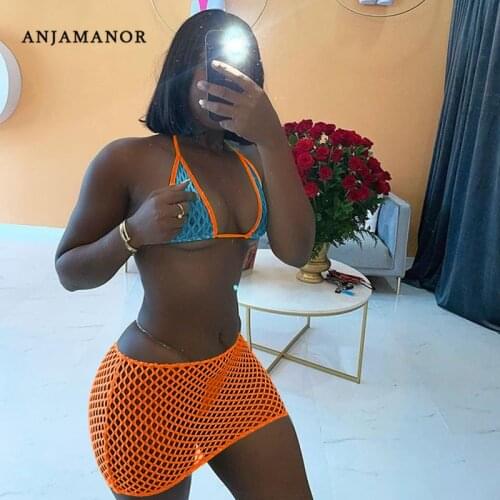 ANJAMANOR Neon Fishnet Mesh Sexy Women Two Piece Outfits 2021 Vacation Outfits Beach Wear Dress Matching Sets Wholesale D73-CZ11