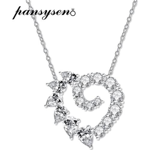 PANSYSEN 100% Pure 925 Sterling Silver Heart Design Created Moissanite Diamond Pendant Necklaces for Women Wedding Fine Jewelry