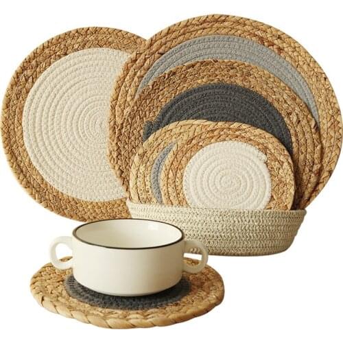 1Pc Round Straw Cotton Rope Mixed Coasters Bowl Pad Handmade Insulation Placemats Table Padding Cup Mats Kitchen Decor Accessory