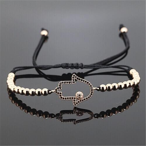 2021 Hot Sale Anil Arjandas 4mm Copper Bead& Pave Black CZ Hamsa/Evil Eye Connector Braiding Charms Macrame Bracelet
