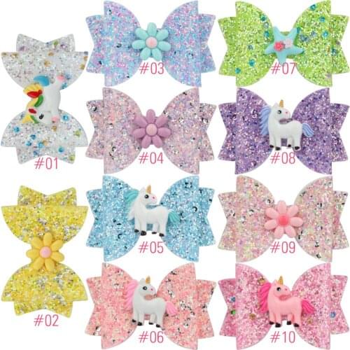 30 pcs/lot , 3 inch Women Girl Glitter Flower Hair Bows Kids Unicorn Hairpins Hair Clip for Children Hair Accessories