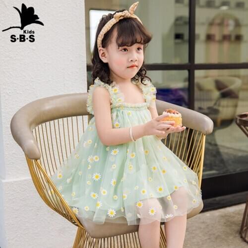 Childrens Clothing Summer Small Daisy Printed Girls Gauze Dress Childrens Strap Puffy Dress Kids Princess Dresses for Girls