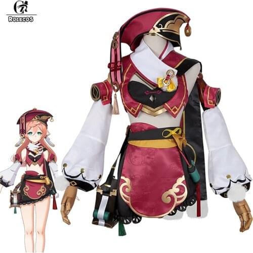 ROLECOS Game Genshin Impact Yanfei Cosplay Costume Yanfei Cosplay Genshin Impact Costume for Women Halloween With Bag Horn