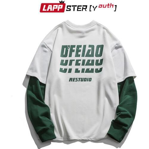 LAPPSTER-Youth Fake Two Pieces Japanese Streetwear Hoodies Men 2021 Pullover Mens Casual Sweatshirts Korean Fashions Hoodies