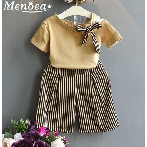 Menoea Girl Suits 2020 Summer Girls Trendy Short Sleeve Top Striped Striped Wide Leg Pants Clothing Sets Kids Clothing Sets