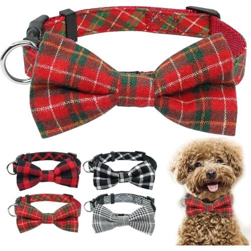 Fashion Plaid Dog Collar With Bowtie Puppy Adjustable Bowknot Collars For Small Medium Dogs Cats Chihuahua Christmas Gift