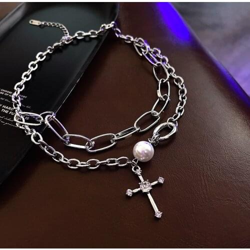 MWSONYA Fashion 2021 Baroque Multilayer Pearl Inlaid Crystal Cross Pendant Necklace for Women Chain Double Necklace Choker