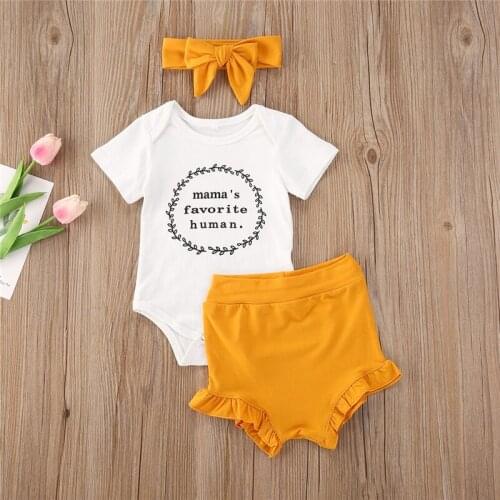 2020 New Baby Girls Clothes Letters Short Sleeve Romper+Ruffle Bloomers Shorts Headband Outfits Summer Clothing Set