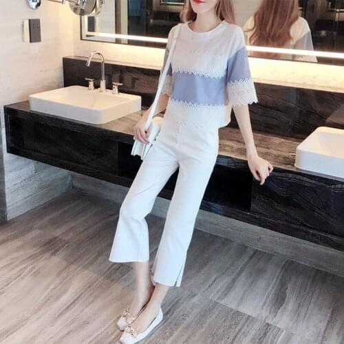Summer New Korean Fashion Women Sets Hollow Out Half Sleeve T Shirt and High Waist Ankle Length Pants Female 2 Piece Sets Q107