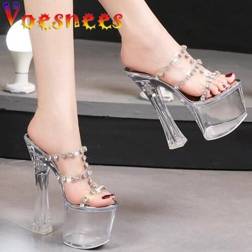 Stripper Shoes 2021 Summer Chain Model Catwalk Sandals Super High 18CM Square Heel Slippers Platform Transparent Women Shoes