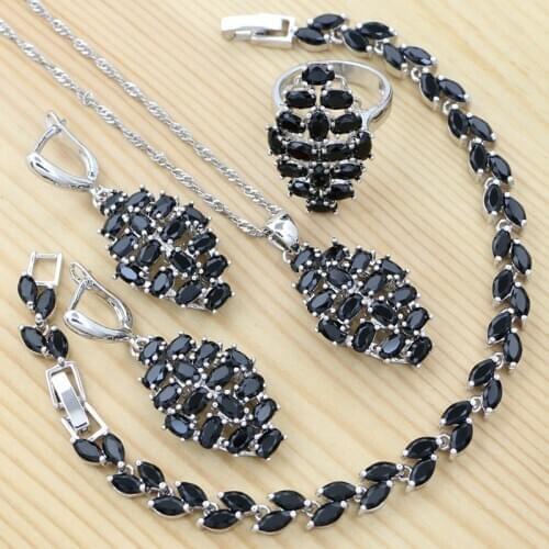 925 Sterling Silver Jewelry Set for Women Black Cubic Zirconia Punk Bracelet Pendant Chain Earrings Ring