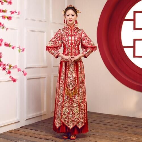 China Style wedding dress Bridal Gown Embroidery cheongsam Elegant toast suits Overseas Traditional bride Qipao Dresses womens