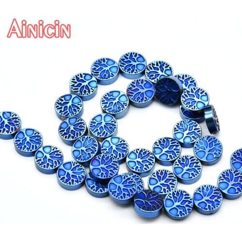 Navy Blue Color Palting Tree of life 10mm Coin Shape Hematite Strand Loose Beads 5pcs/lot