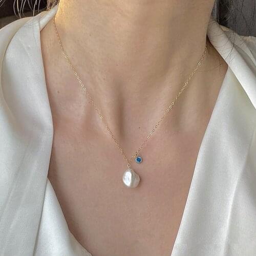 Upside Down Huge Irregular Shape Seedless Baroque Pearl Pendant Necklace Choker Blue Zircon 14K Gold Filled Chain Women Jewelry