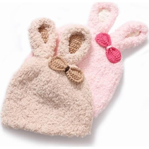 Rabbit Ears Knitted Caps Handmade Cartoon Children Girls Boys Solid Color Bowknot Decoration Autumn Winter Warm Plush Hats