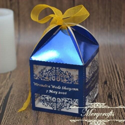 High Quality Fancy Design Hot Sale Metallic Shiny Paper Wedding Supplies Laser Cut Favor Boxes With Free Ribbons