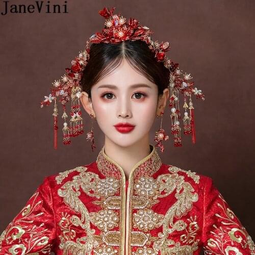 JaneVini Chinese Style Bride Hair Pins and Clips Red Crystal Pearls Bridal Wedding Headpieces Jewelry Diamond Headband Stirnband