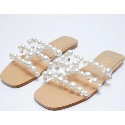 Zar a Woman 2021 Flat Shoes Spring Summer New Sexy Fashion Pearl Square Toe Flat-Heeled Beach Sandals For Women Plus Size 35-41