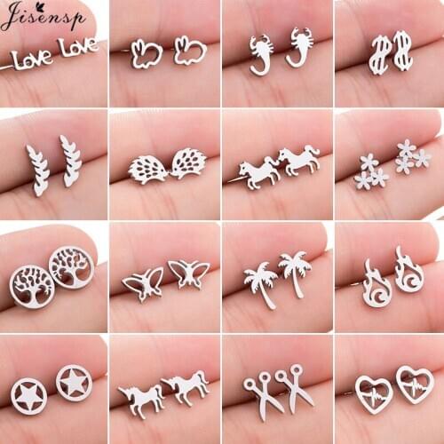 Jisensp Korean Stainless Steel Butterfly Earrings Studs for Women Hip hop Black Rabbit Star Flower Earings Kids Birthday Gifts
