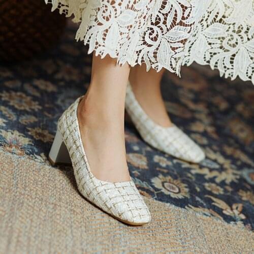 Ochanmeb Luxury Brand Designer Plaid Checkered Tweed Shoes Women Square High Heels Black Beige Party Office Wedding Pumps Shoes