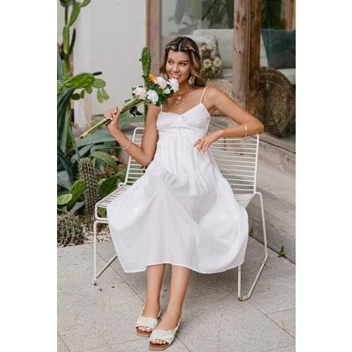 2021 Elegant Casual Ruffled A-line Spaghetti Strap dresses Cotton White Summer Women dress Lace-up Sleeveless Vestidos