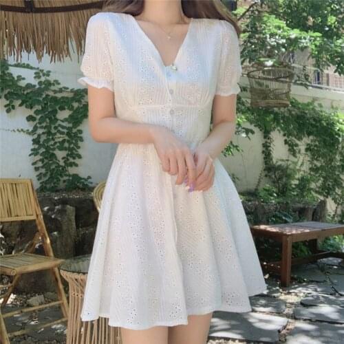 White Button Hollow Out Cotton Dress v Neck a Line Short Short Korean Harajuku Summer Dresses 2020 Sunflower Ropa Femenina