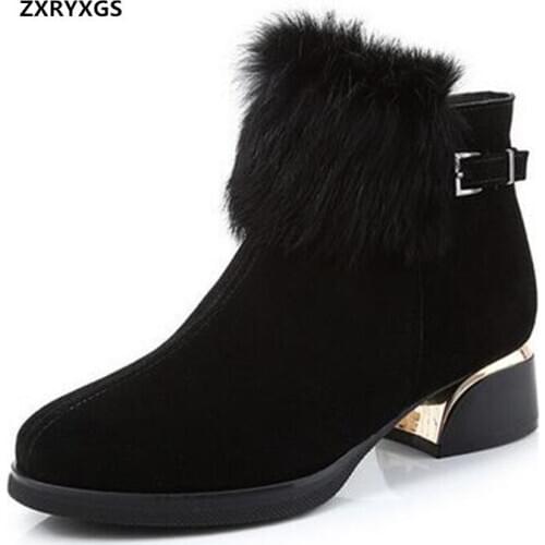ZXRYXGS Classic Frosted Sheepskin Rabbit Fur Decoration Fashion Boots Women Boots Large Size New Autumn Winter Shoes Ankle Boots