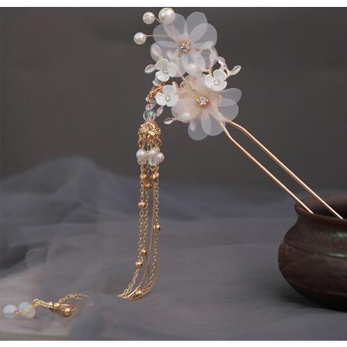 1 pcs New Retro Ancient Chinese Traditional Crystal Beads Flowers Simulated Pearls Long Tassel Hair Stick Hairpins Step Shake