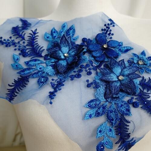 3D Flower Royal Blue Rhinestone Lace Applique Sequins Beaded Lace Patch Flower Sewing Trim collar Wedding Decor Dress DIY