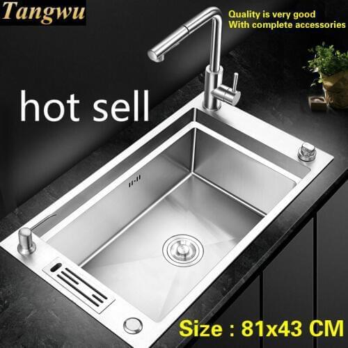 Free shipping Household kitchen manual sink single trough standar push-button drainer 304 stainless steel big hot sell 81x43 CM