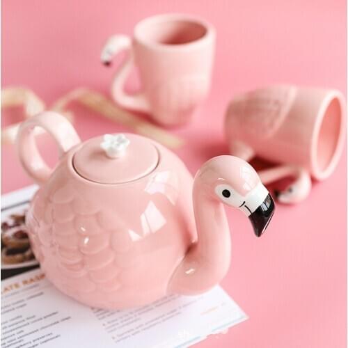 Ins pink flamingo ceramic teapot teapot teapot teapot set mug water Cup Afternoon Tea Teapot