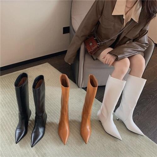 Fashion Women Chelsea Booties Pointed Toe Black/White/Orange Winter Ladies Knee High Boots Woman Thin Low Heels Martin Booties