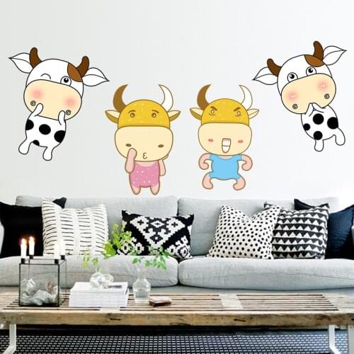 Cartoon Cow Wall Stickers for Kids Room Bedroom Background Wall Decoration Kindergarten Removable Wallpaper DIY New Year Gift