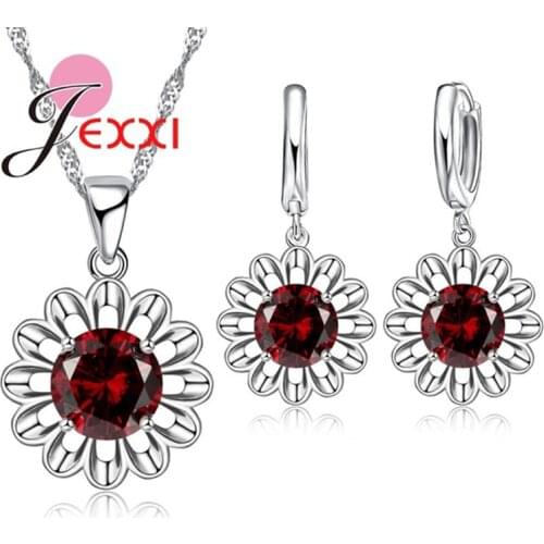 Pure 925 Sterling Silver Jewelry Set Colorful CZ Crystal Sun Flower Design Necklace Earrings Jewelry Set For Women Girls