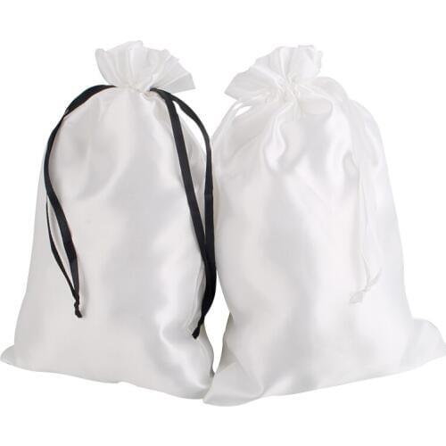 Virgin Hair extensions silk satin packaging bag, white satin bag with white ribbon / black ribbon, gift packaging bag