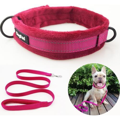 Nylon Dog Collar and Leash Set Reflective Soft Flannel Fleece Lined Dog Collars Adjustable Warm Pet Collar with Walking Lead