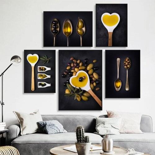 Olives Heart Shape Spoon Canvas Painting Posters Prints Home Decoration Olive Oil Kitchen Room Decor Supplies Modern Wall Arts