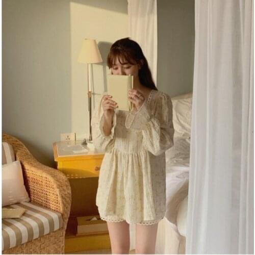 Womens Pajamas Cotton Yarn Korean Square Collar Floral Sleepwear Vintage Long Sleeve Suits with Shorts Autumn Loose Homewear