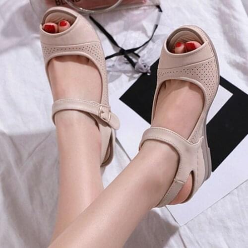 LIHUAMAO vintage women wedges sandals peep toe ankle strap platform beach casual comfortable sandals outdoor shoes