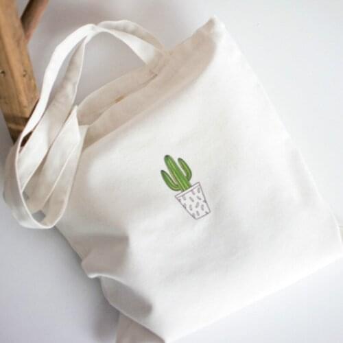 Cute Cactus Print Reusable Shopping Bag Women Canvas Tote Cartoon Printing Eco Shopper Shoulder Bags White Foldable Handbag