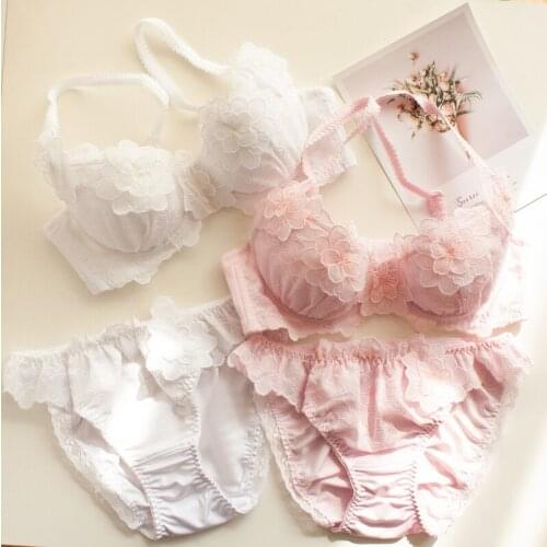Japanese Sexy Panties and Bra Set Lace Lounge Underwear Women Girls Kawaii White Pink Flower Cute Push Up Floral Lingerie Femme