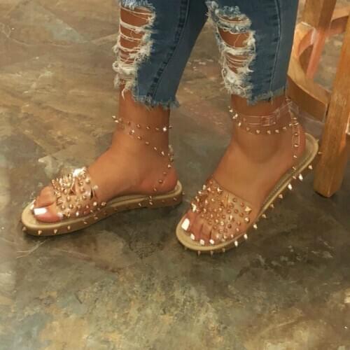 2020 Women Flat Transparent Sandals Summer Open Toe Brown Rivet Sandals Open Toe Comfortable Clear Casual Shoes Plus Size 35-43