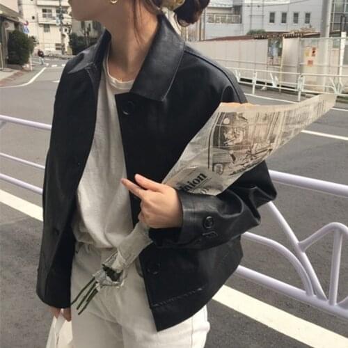 Ailegogo New 2020 Autumn Winter Womens Leather Jackets Outerwear High Street Oversize Faux Leather Wild Short Tops JK7963