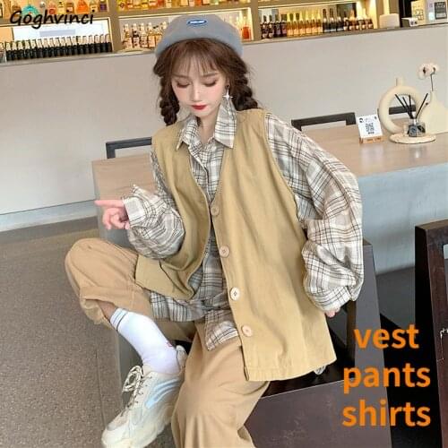 Women Sets Plaid Turn-down Collar Shirts Solid Vests Pants Womens 3 Pieces Sets Safari Style Harajuku Streetwear Chic Students