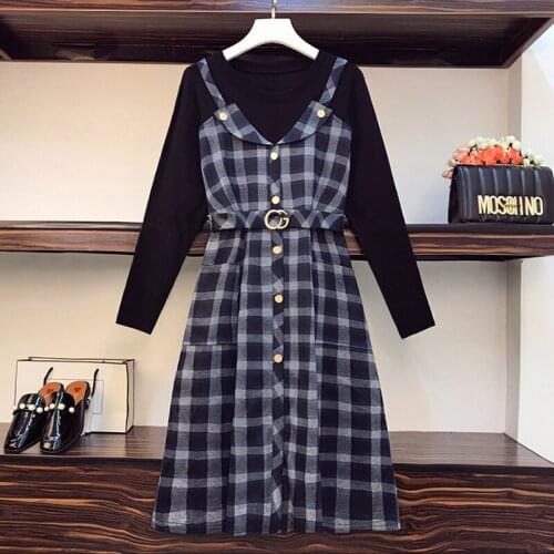 5XL plus size women vintage plaid Patchwork dress autumn winter 2021 long Sleeve o neck elegant casual button plaid dresses