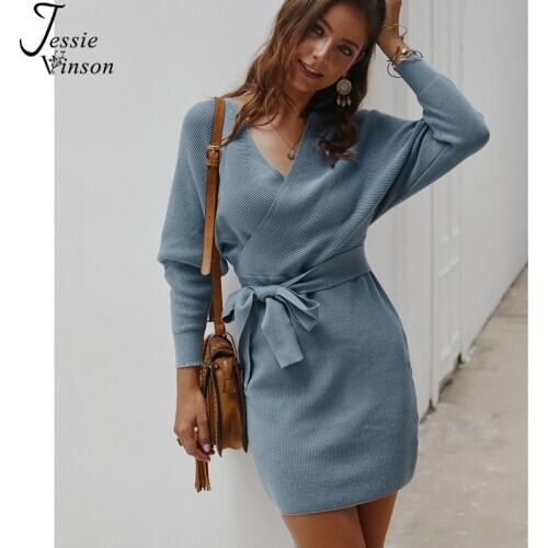 Jessie Vinson Sexy Knit Sweater Dress Women V-neck Batwing Sleeve Bodycon Dress Autumn Winter Korean Bandage Knitted Dress 2020